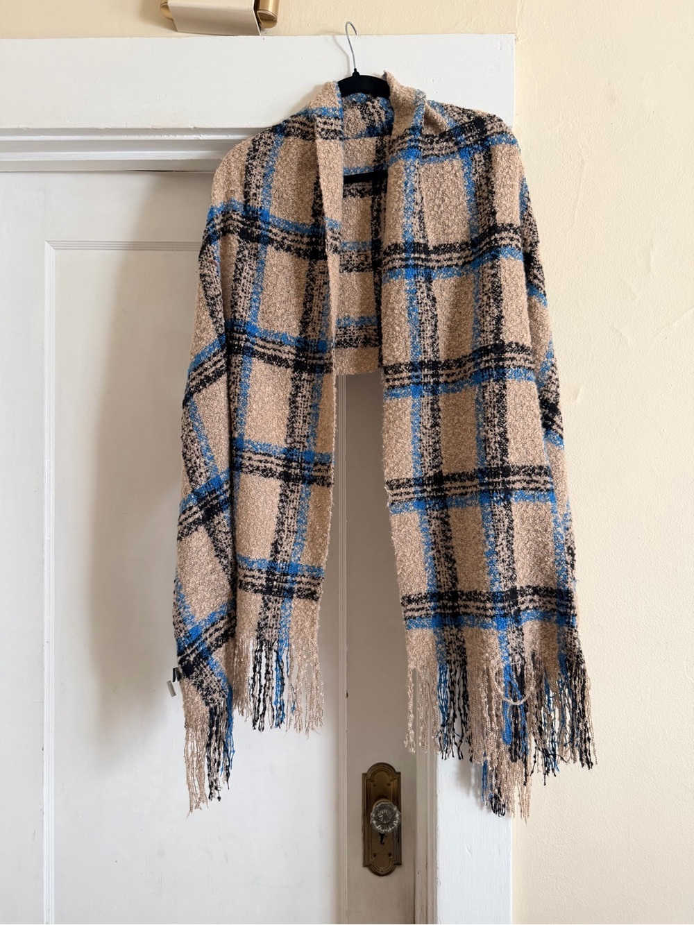 chic Beige, Blue & Black Plaid Bouclé Scarf Wrap